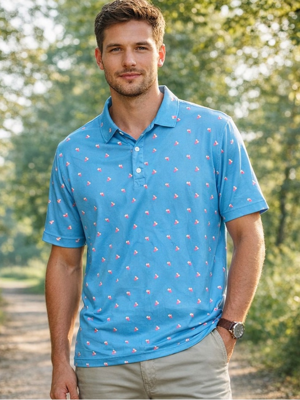 FootJoy Men’s Size Large Golf Polo Blue Cocktail Print Stretch Performance EUC!